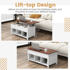 Lift Top Coffee Table with Hidden Compartment and 3 Open Storage Cubes, White and Walnut