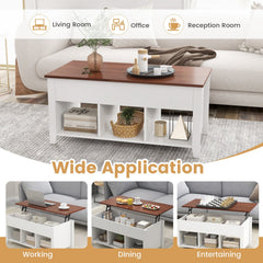 Lift Top Coffee Table with Hidden Compartment and 3 Open Storage Cubes, White and Walnut