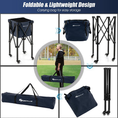 Lightweight Foldable Tennis Ball Teaching Cart with Wheels and Removable Bag-Blue