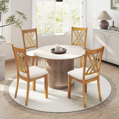Set of 4 Double X Back Dining Chairs, Natural Rubber Wood with Beige Linen Padded Seats