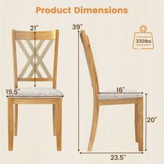 Set of 4 Double X Back Dining Chairs, Natural Rubber Wood with Beige Linen Padded Seats
