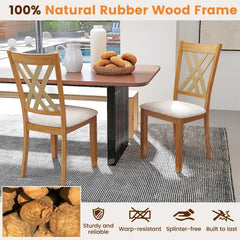 Set of 4 Double X Back Dining Chairs, Natural Rubber Wood with Beige Linen Padded Seats