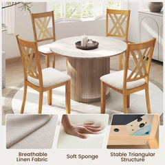 Set of 4 Double X Back Dining Chairs, Natural Rubber Wood with Beige Linen Padded Seats