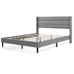 Queen Linen Upholstered Platform Bed with Quilted Wingback Headboard and 10 Plywood Slats