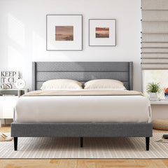 Queen Linen Upholstered Platform Bed with Quilted Wingback Headboard and 10 Plywood Slats