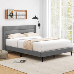 Queen Linen Upholstered Platform Bed with Quilted Wingback Headboard and 10 Plywood Slats