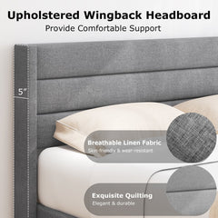 Queen Linen Upholstered Platform Bed with Quilted Wingback Headboard and 10 Plywood Slats