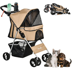 Cat Dog Stroller, One-click Foldable Pet Stroller w/Cup Holder, 4 Wheels Travel Carrier w/Brakes, 360° Swiveling Front Wheels, Storage Basket, for XS/Small Dogs Cats, Black