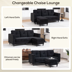 Sectional Sofa, L Shaped Couch with Changeable Chaise, Wooden Legs, Black