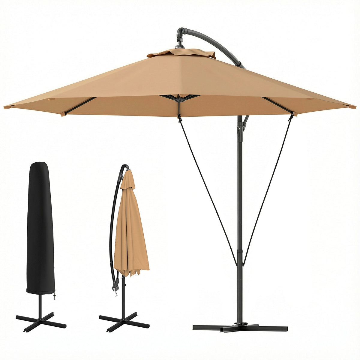 9.5' Cantilever Umbrella with Wind Protection Strap and Cover, Hanging Umbrella with Crank and Cross Base, UPF 50+, Grey