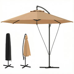 9.5' Cantilever Umbrella with Wind Protection Strap and Cover, Hanging Umbrella with Crank and Cross Base, UPF 50+, Grey