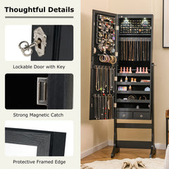Lockable Freestanding Jewelry Cabinet Armoire with Full-Length Mirror and Lights-Black