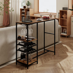 Long Bar Table Bar Height Dining Table with Storage Shelves-Rustic Brown