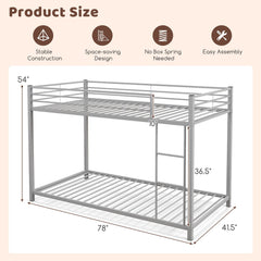Low Profile Twin Over Twin Metal Bunk Bed with Full-length Guardrails-Silver