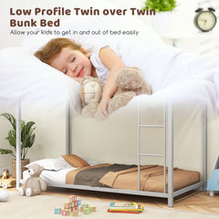 Low Profile Twin Over Twin Metal Bunk Bed with Full-length Guardrails-Silver