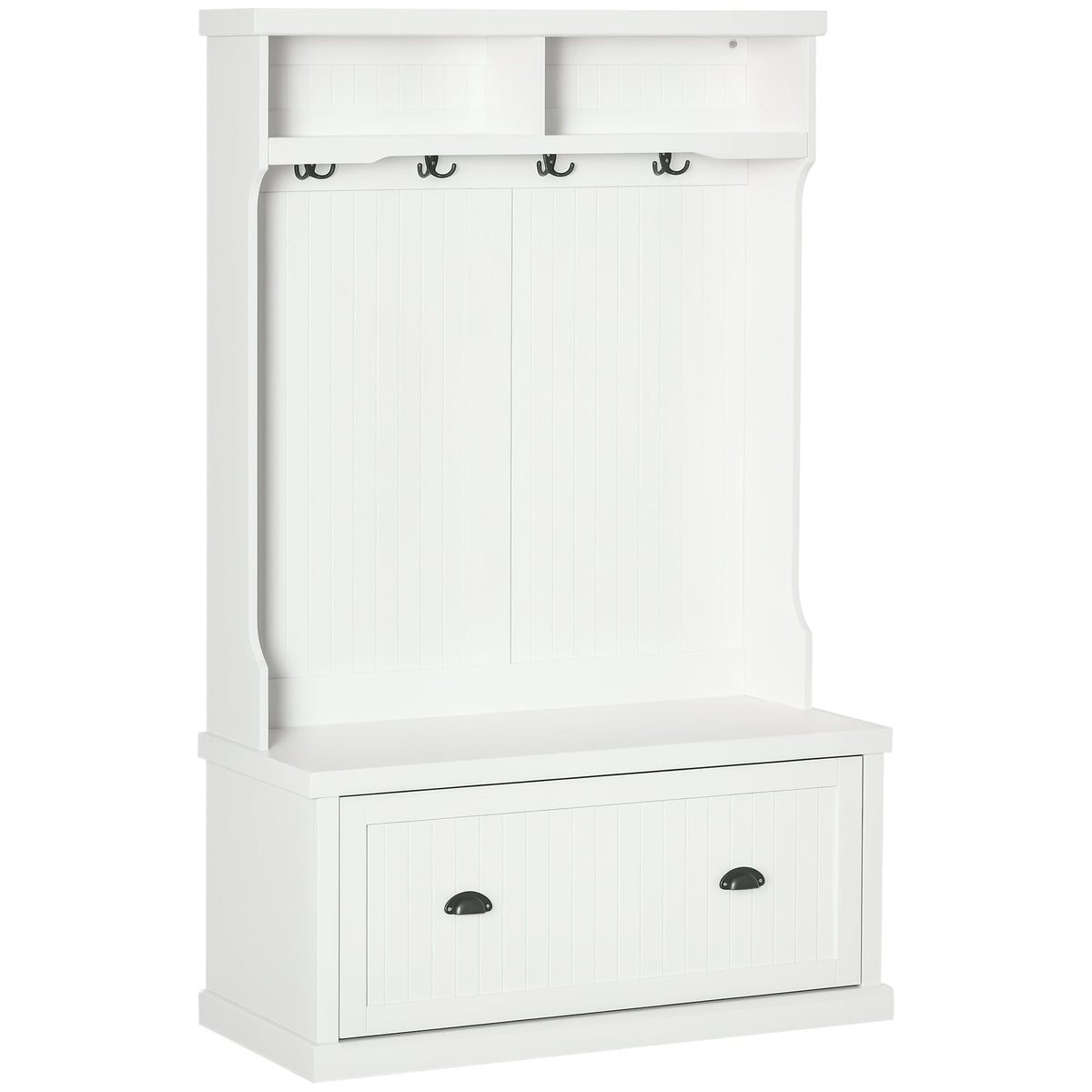 64.5" H Hall Tree with Storage Drawer & Top Shelf, Coat Rack Wooden Entryway Storage Bench Hall Tree Hallway Clothes Bag Coat Rack 4 Hooks, White