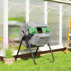 43 Gallon (160L) Tumbling Compost Bin Outdoor Dual Chamber 360° Rotating Composter with Sliding Doors, Solid Steel Frame and Gloves, Black