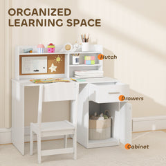 Kids Desk and Chair Set, Kids Study Table and Chair Set with Storage Hutch, Drawer, Cabinet, Compartments, Cork Board