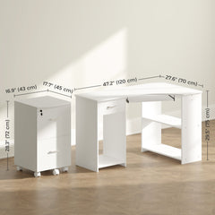 L-Shaped Computer Desk and File Cabinet Set for Bedroom, White