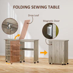 Sewing Machine Cabinet, Folding Sewing Table with Storage Shelf, Bins and Lockable Wheels for Small Space, Brown