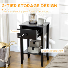 Side Table Set of 2, End Tables with Drawer and Bottom Shelf, 2-tier Nightstand for Bedroom, Living Room, Black