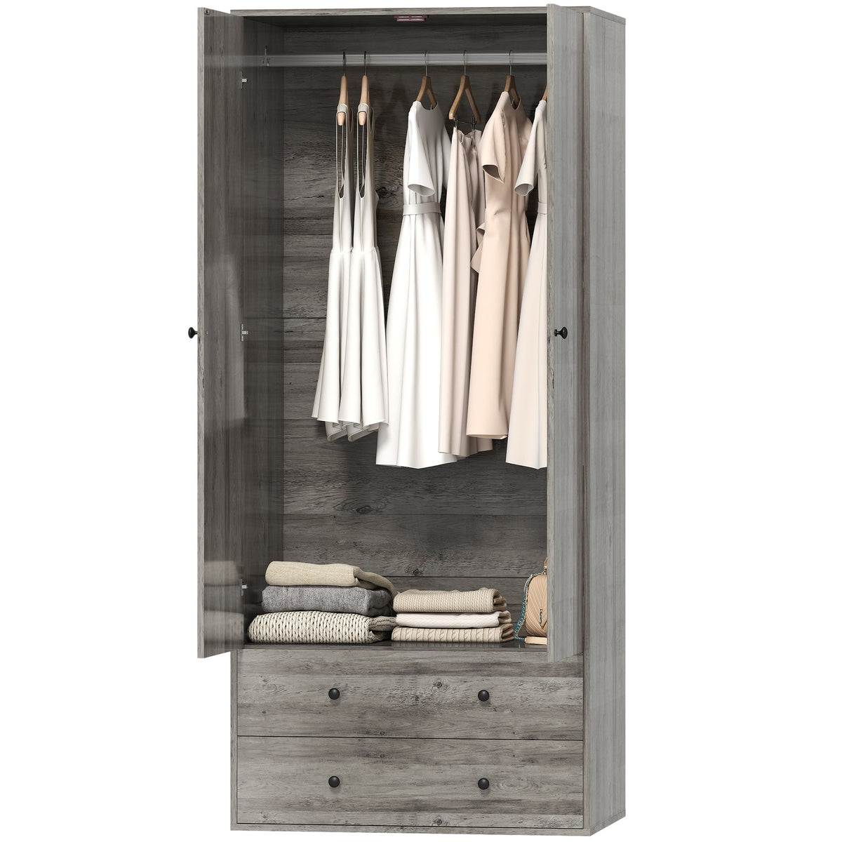 Modern Wardrobe Closet Armoire with 2 Drawers and Hanging Rod, Clothes Storage Organizer for Bedroom, Grey