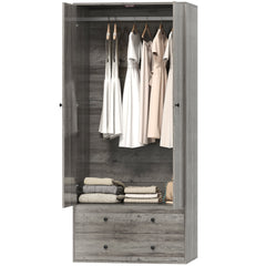 Modern Wardrobe Closet Armoire with 2 Drawers and Hanging Rod, Clothes Storage Organizer for Bedroom, Grey