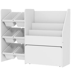 Kids Bookshelf and Toy Storage, 3-Tier Bookcase with 6 Removable Bins and Box for Toddler Nursery Playroom, White