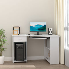 47" L-Shaped Desk with Keyboard Tray, Computer Corner Desk for Small Space with Shelves, Drawer, CPU Stand, Home Office Writing Table, White