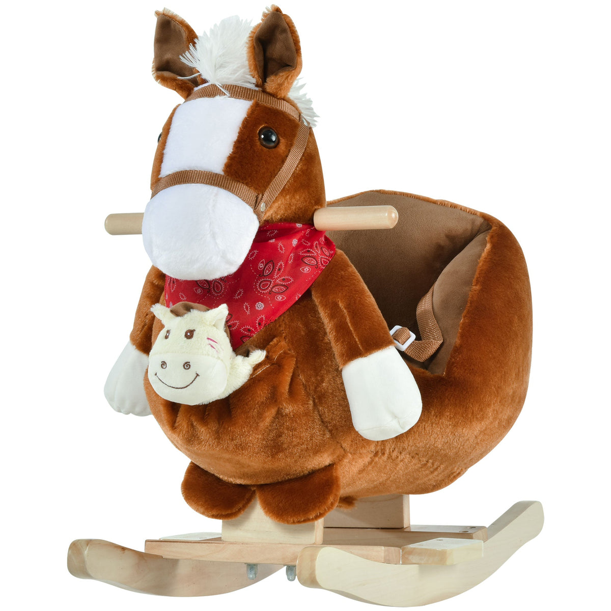 Baby Rocking Horse, Plush Animal Rocker for Toddlers Aged 18-36 Months, Stuffed Ride Toy with Hand Puppet, Sounds, Seat Belt, Brown