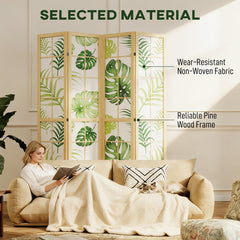 4 Panel Folding Privacy Screen, 67" Room Divider with Palm Leaf Design for Living Room Bedroom, Natural and Green