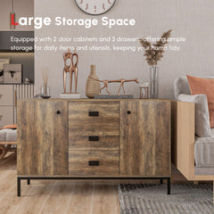 Industrial Sideboard Buffet Storage Cabinet Cupboard with 2 Doors, 3 Drawers and Shelves for Dining Room, Living Room, Brown