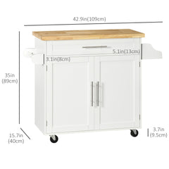 Kitchen Island with Storage, Rolling Cart Trolley with Rubberwood Top, Adjustable Shelf, Drawer, Spice Rack, White