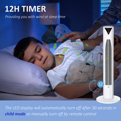 Freestanding Tower Fan Cooling for Home Bedroom with 3 Speed, 12h Timer, Oscillating, LED Sensor Panel, Remote Controller, Black