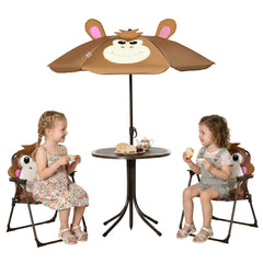 Kids Folding Picnic Table and Chair Set Pattern Outdoor Garden Patio Backyard with Removable & Height Adjustable Sun Umbrella Brown
