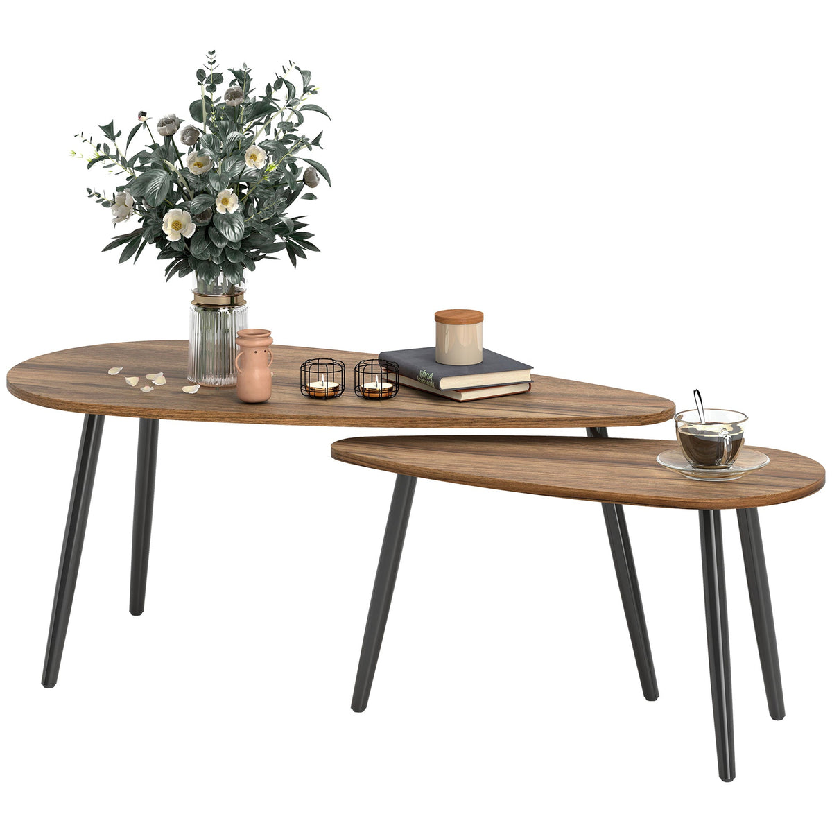 2 Pieces Coffee Table Set for Living Room, Industrial Nest of Tables with Steel Legs, Brown