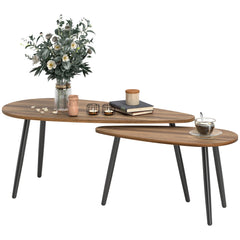 2 Pieces Coffee Table Set for Living Room, Industrial Nest of Tables with Steel Legs, Brown