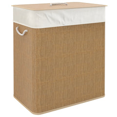 Double Laundry Basket with Lid, 100L Bamboo Laundry Hamper with Rope Handles and Removable Bags, Brown