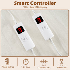 Machine Washable Electric Bed Warmer with Dual Controller 9 Heat Setting and 9-Hour Auto Off and Overheat Protection-King Size
