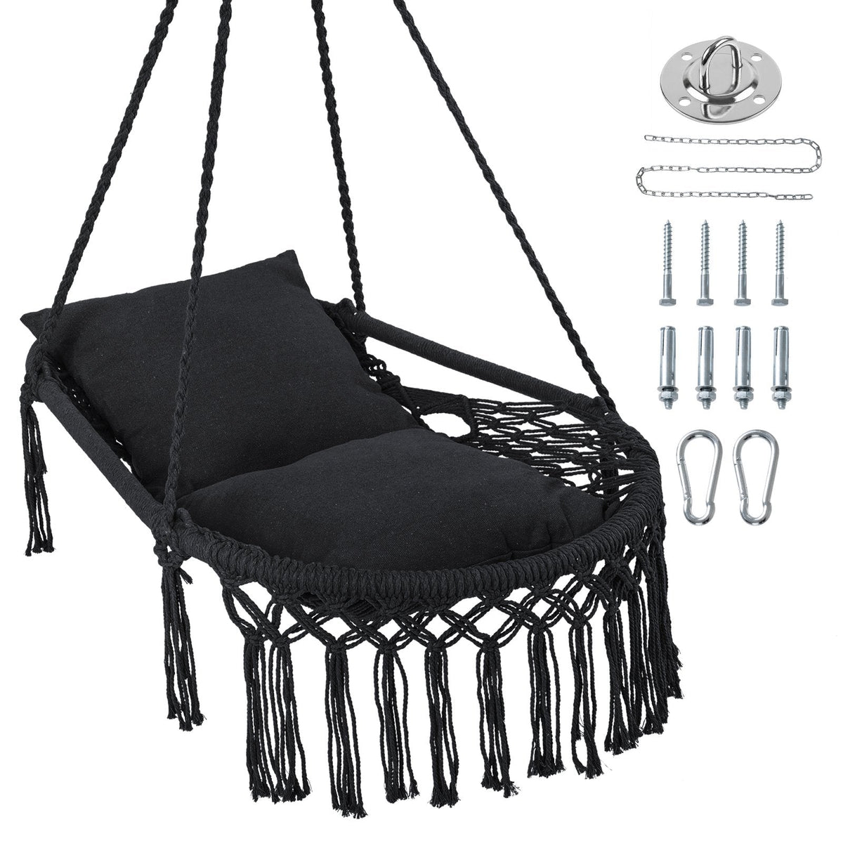 Macrame Swing Chair Hammock Chair with 2 Removable Cushions-Black