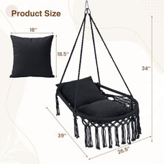 Macrame Swing Chair Hammock Chair with 2 Removable Cushions-Black