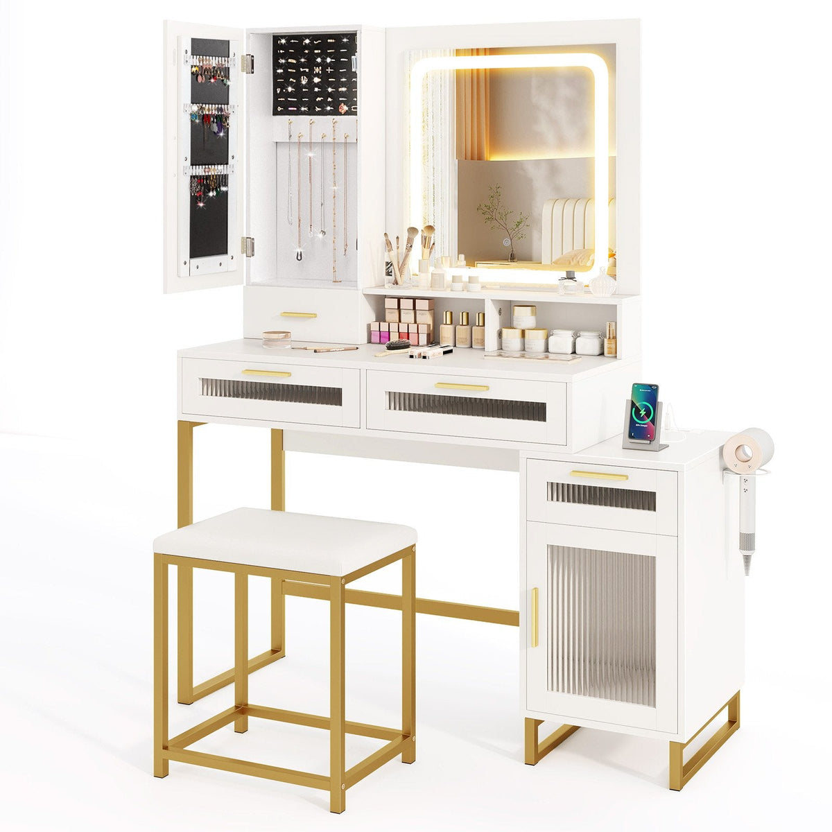 Makeup Vanity Desk Dressing Table and Stool Set with Lighted Mirror-White