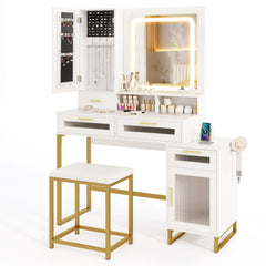 Makeup Vanity Desk Dressing Table and Stool Set with Lighted Mirror-White