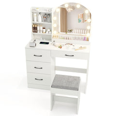 Makeup Vanity Desk Dressing Table and Stool Set with Mirror and Lights-White