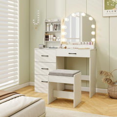 Makeup Vanity Desk Dressing Table and Stool Set with Mirror and Lights-White