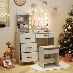 Makeup Vanity Desk Dressing Table and Stool Set with Mirror and Lights-White