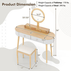 Makeup Vanity Table Set with LED Mirror and 3 Spacious Drawers-White-Natural Wood