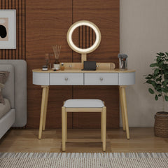 Makeup Vanity Table Set with LED Mirror and 3 Spacious Drawers-White-Natural Wood