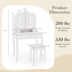 Makeup Vanity Table Set with Lighted Mirror and Drawers-White