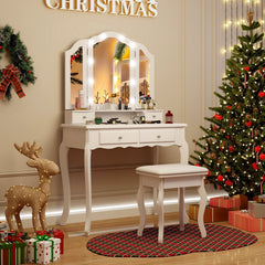Makeup Vanity Table Set with Lighted Mirror and Drawers-White